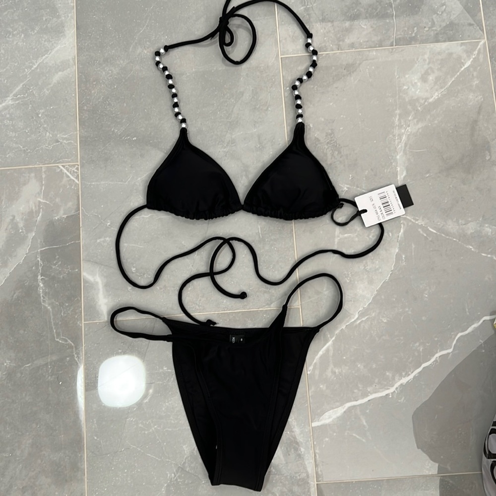 Kendall + Kylie Black Triangle Bikini Set Pearl beaded